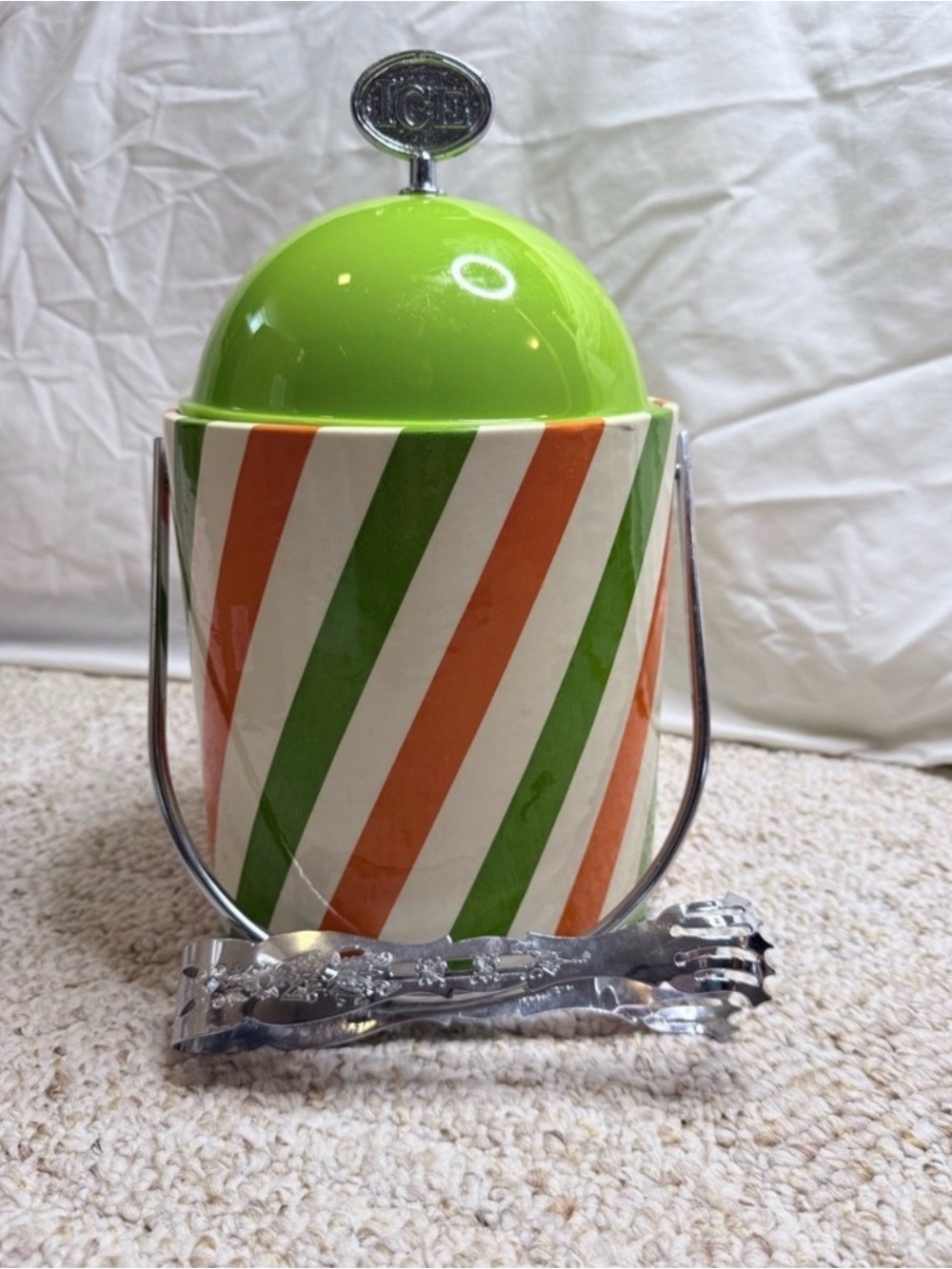 Striped Ceramic Ice Bucket with Lime Green Lid